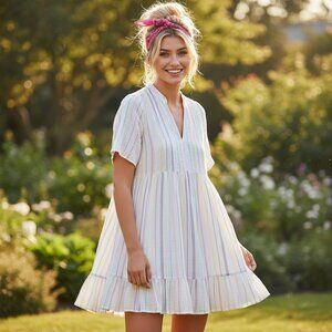 LUCKY BRAND Meadow Mini Dress XS Pastel Rainbow Stripes Tunic Blouse Boho